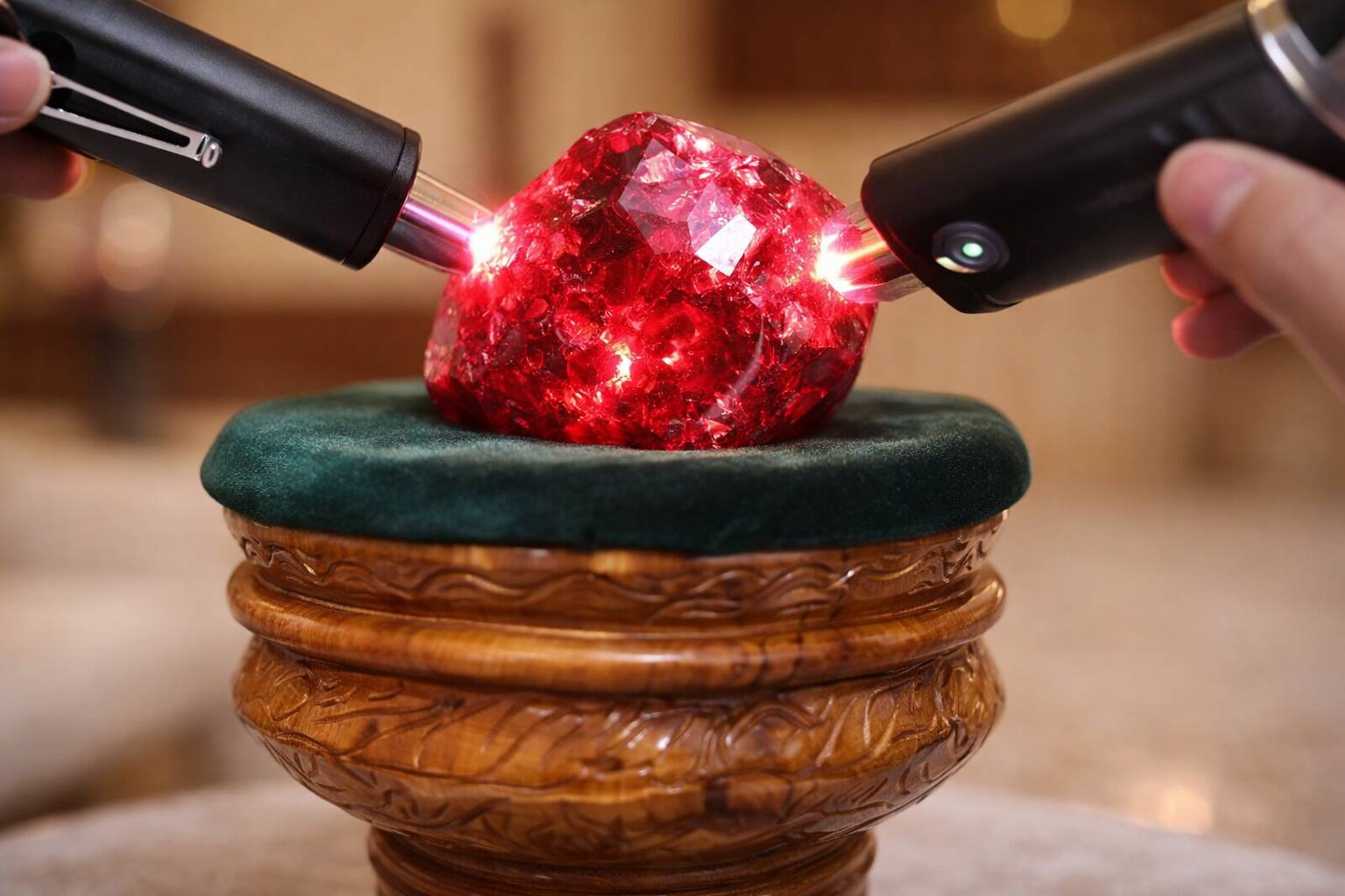 a close-up of a striking ruby from Myanmar, highlighting its vibrant red hue and clarity