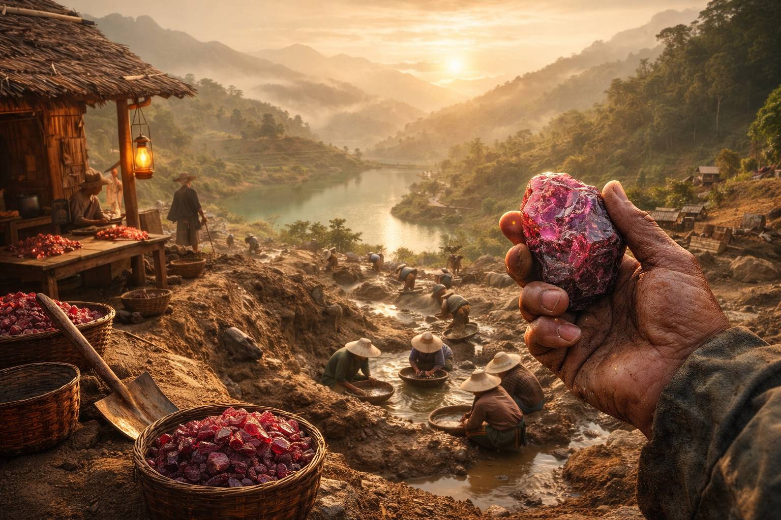 a serene mining landscape in Myanmar, illustrating ethical gemstone sourcing practices