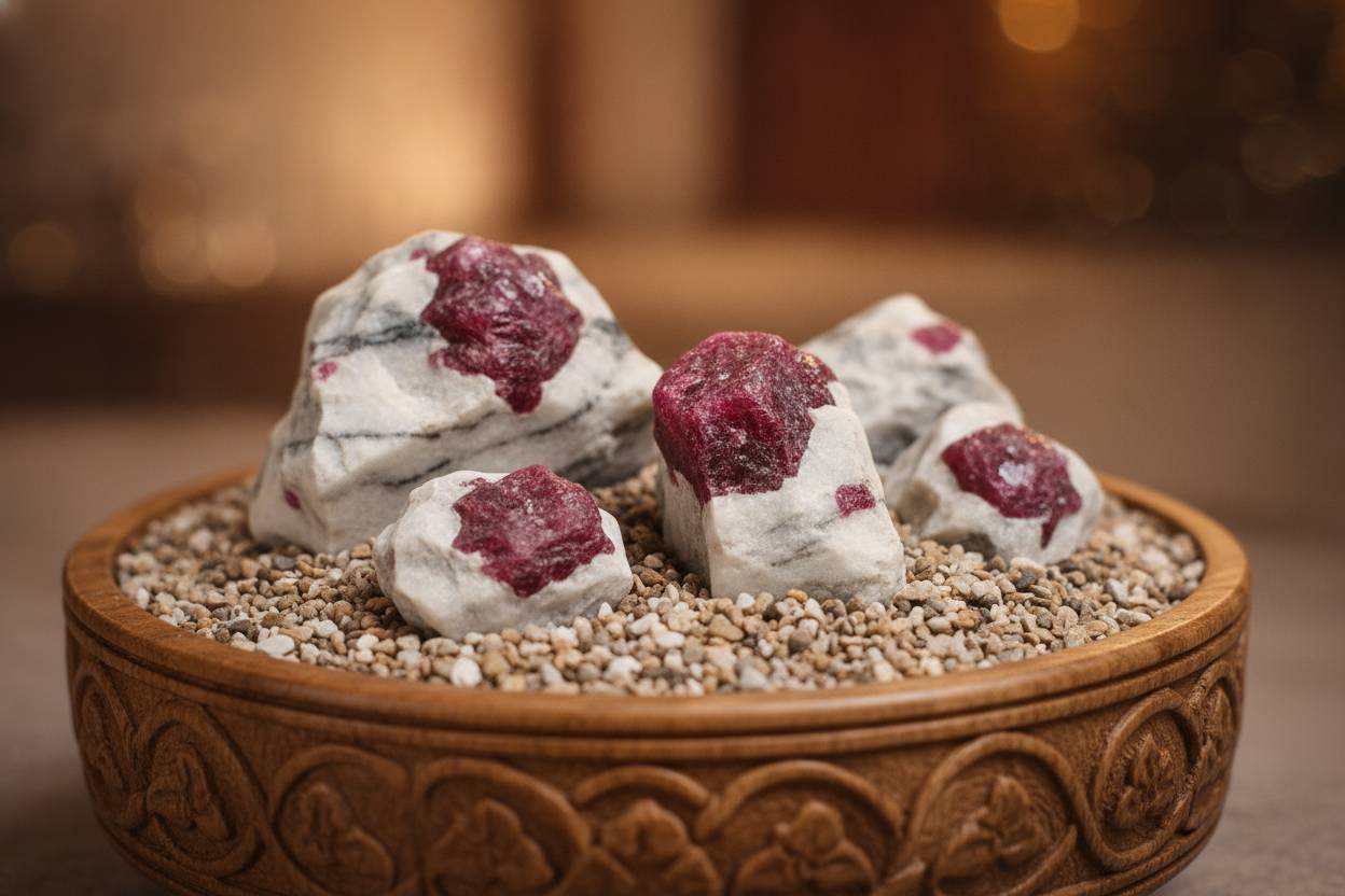 Weathered marble-hosted ruby crystals and gravel from a traditional Burmese mining valley