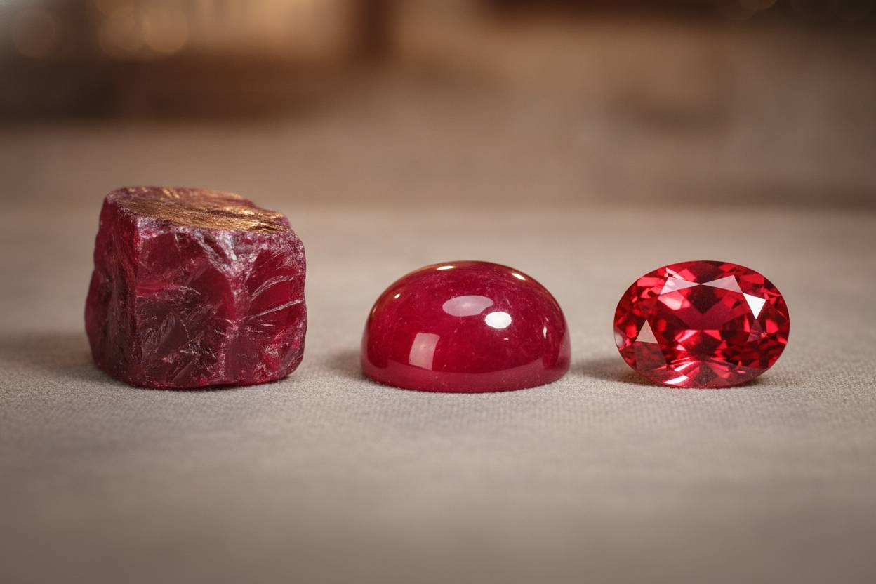 Rough ruby block beside polished cabochon and faceted stone on neutral grey background