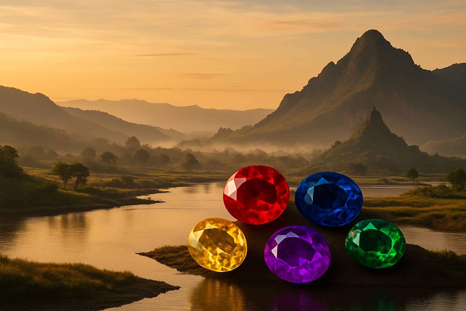 a serene landscape of Myanmar's ruby mining region, emphasizing natural beauty