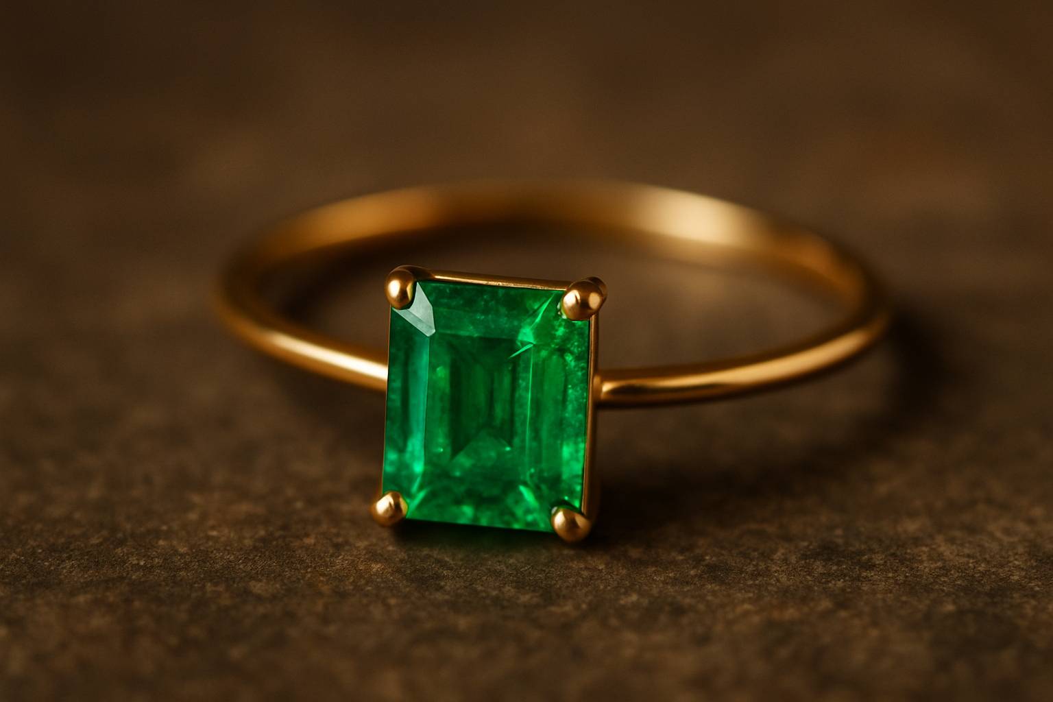 a close-up of a vivid green emerald set in a delicate gold ring