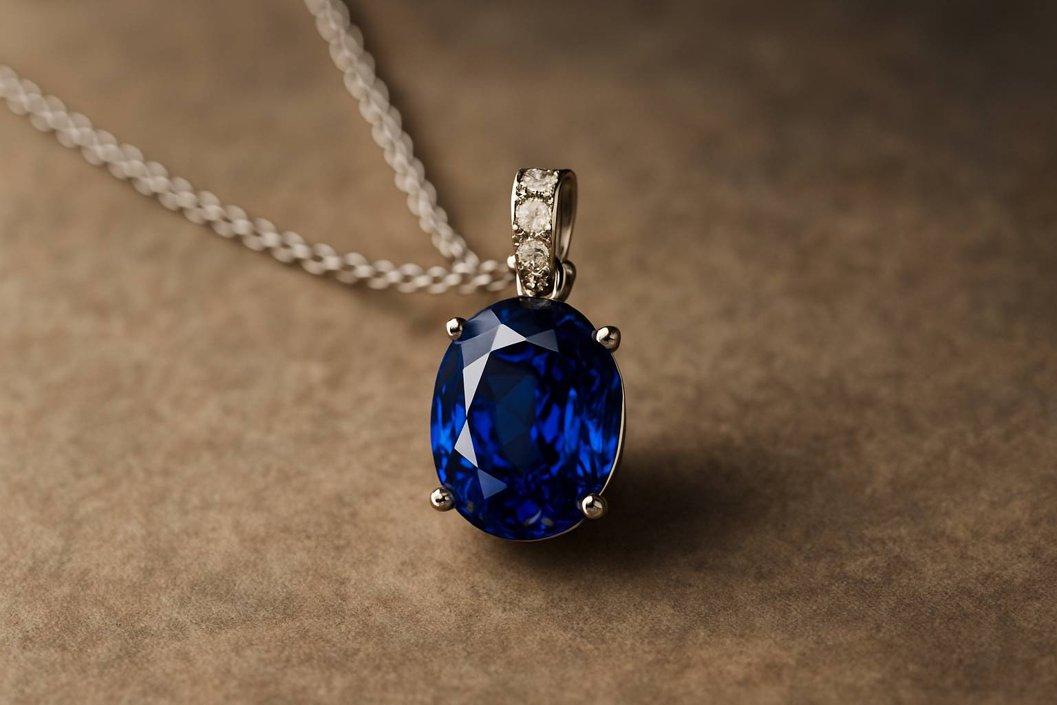 a striking blue sapphire pendant resting on a neutral surface