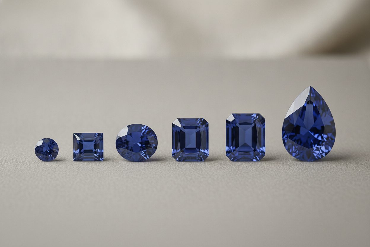 Graduated row of blue sapphires increasing in carat weight on plain neutral card