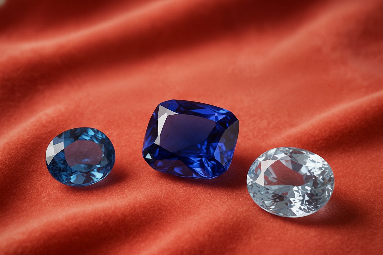 Three cushion sapphires of differing colour saturation side by side, diffuse light