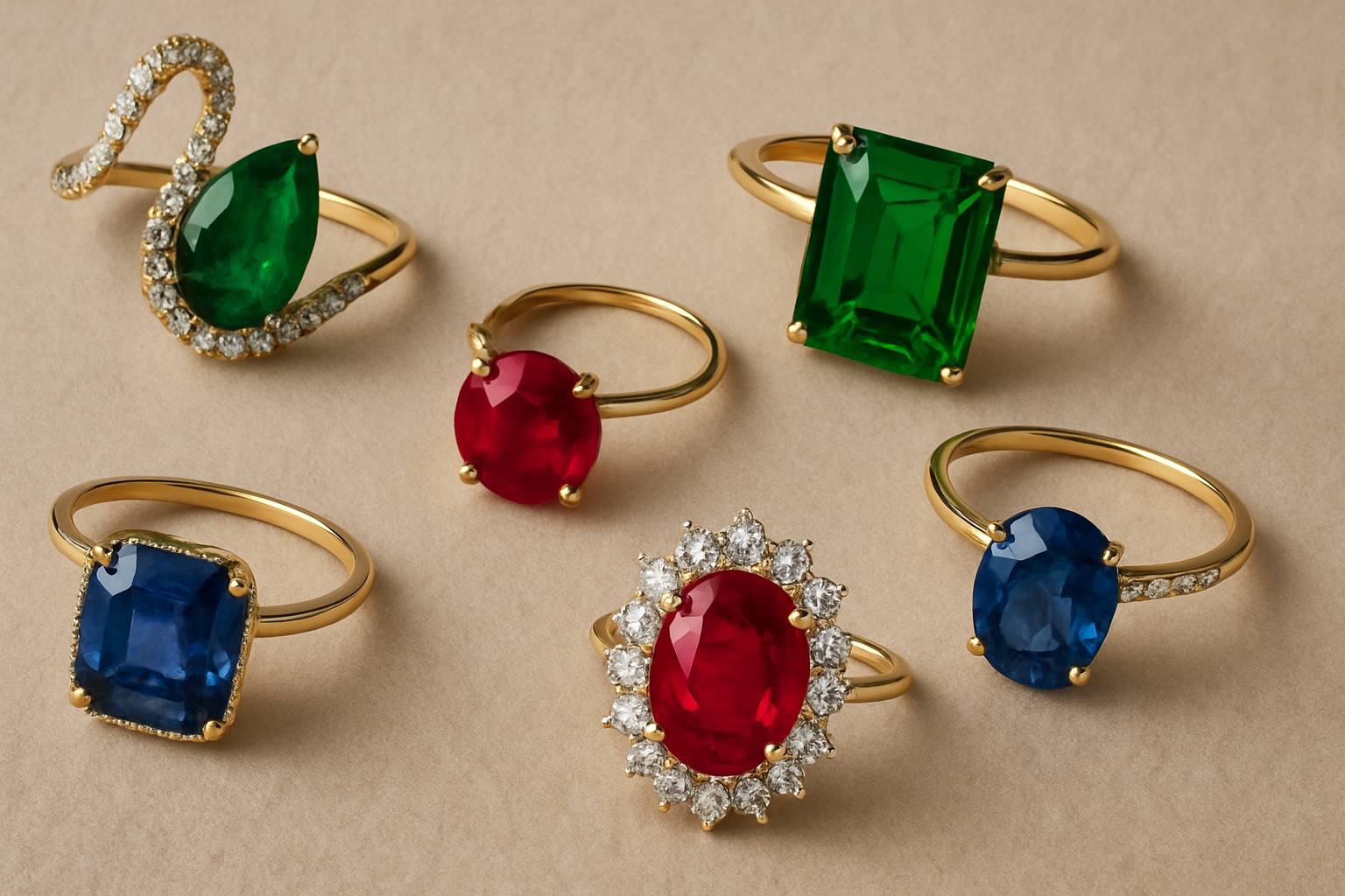 a close-up of various vibrant gemstones including sapphires, rubies, and emeralds arranged on a neutral surface
