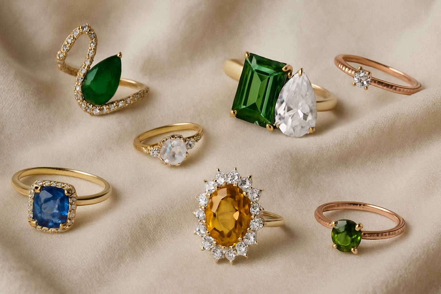 a serene layout of engagement rings showcasing different non-diamond stones on a soft fabric background