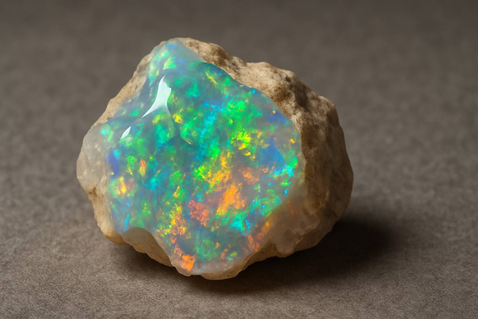 a detailed view of a raw opal stone on a neutral surface, highlighting its natural beauty