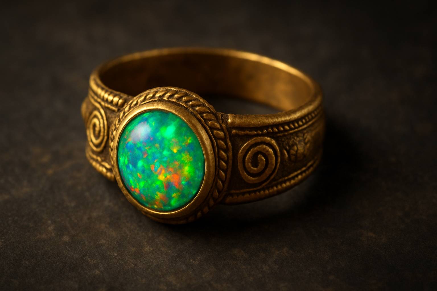 an artistic representation of ancient opal jewelry, focusing on its crafting details