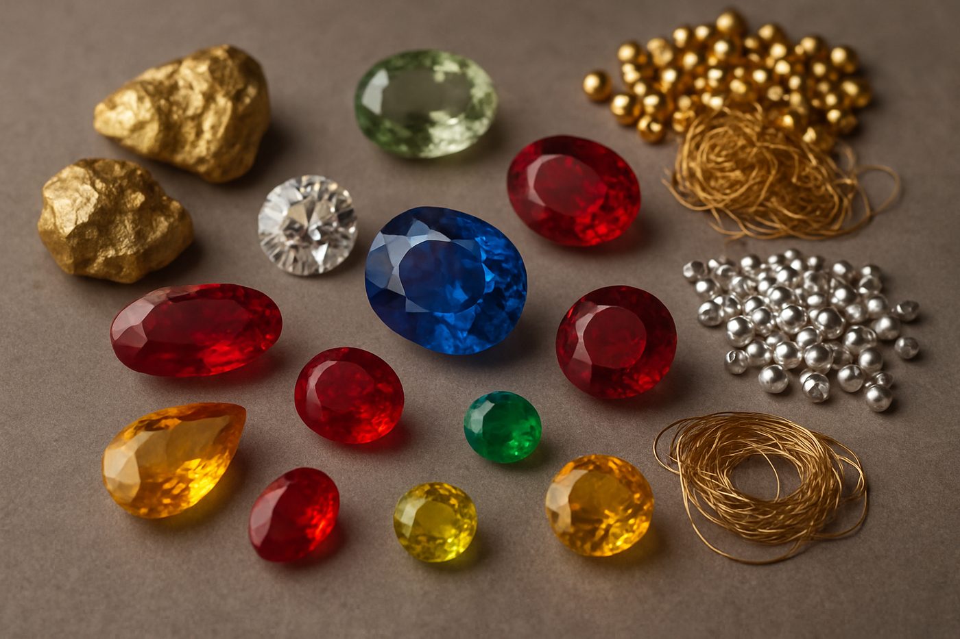 a close-up of various gemstones and precious metals used in OEM jewelry