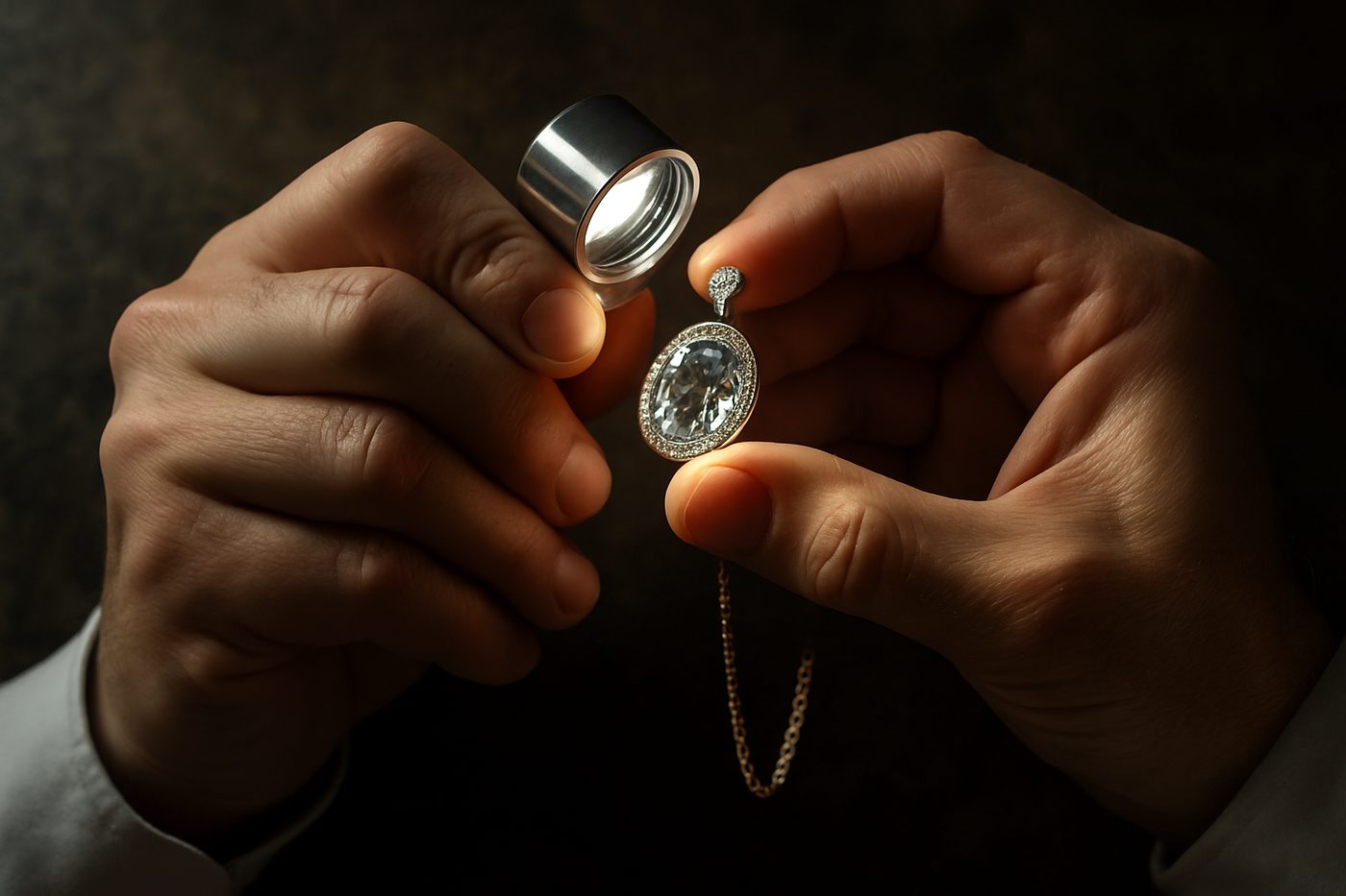 a detailed view of an artisan inspecting a finished jewelry piece under bright light