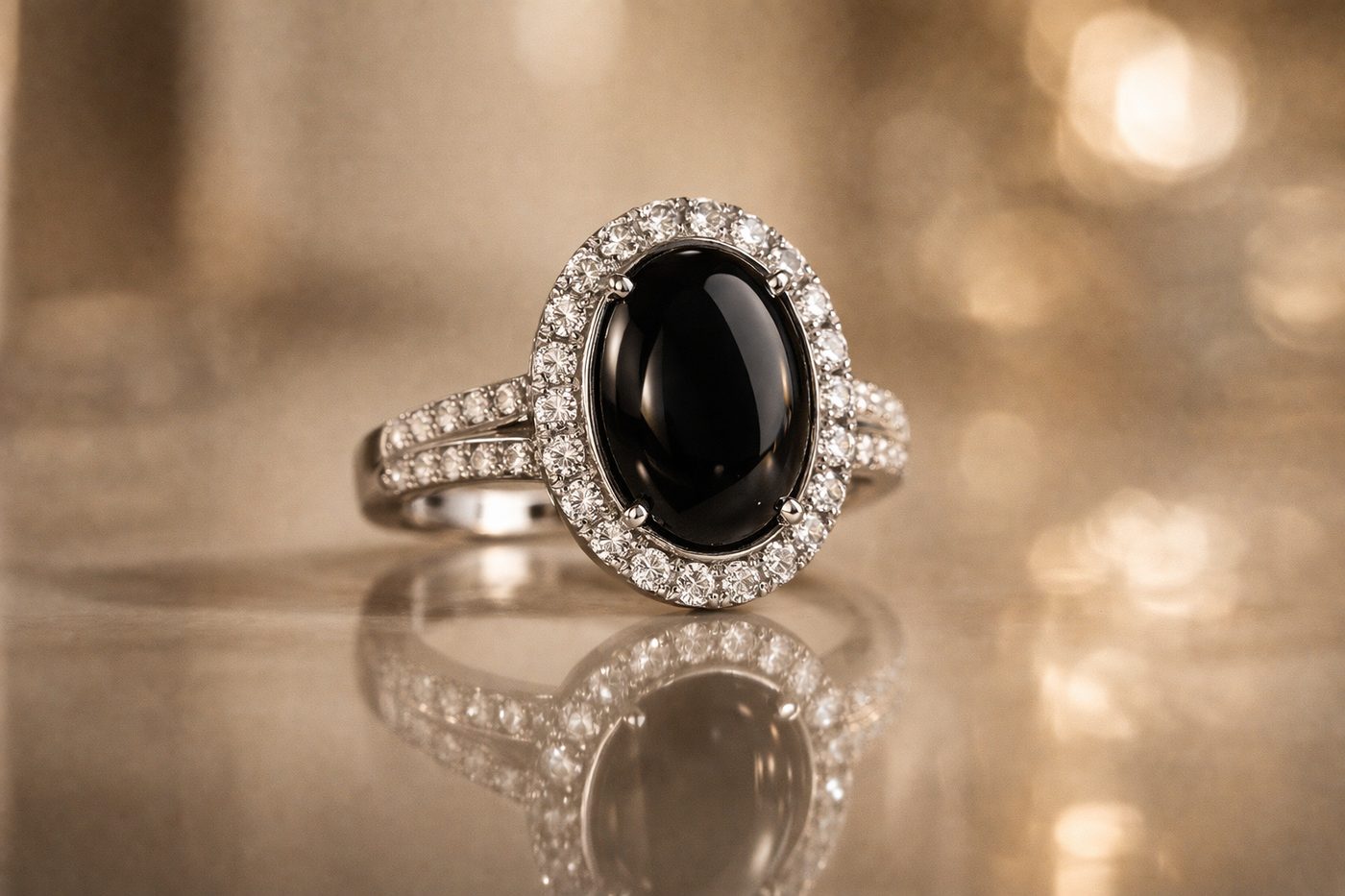 a close-up of an onyx and diamond ring on a reflective surface