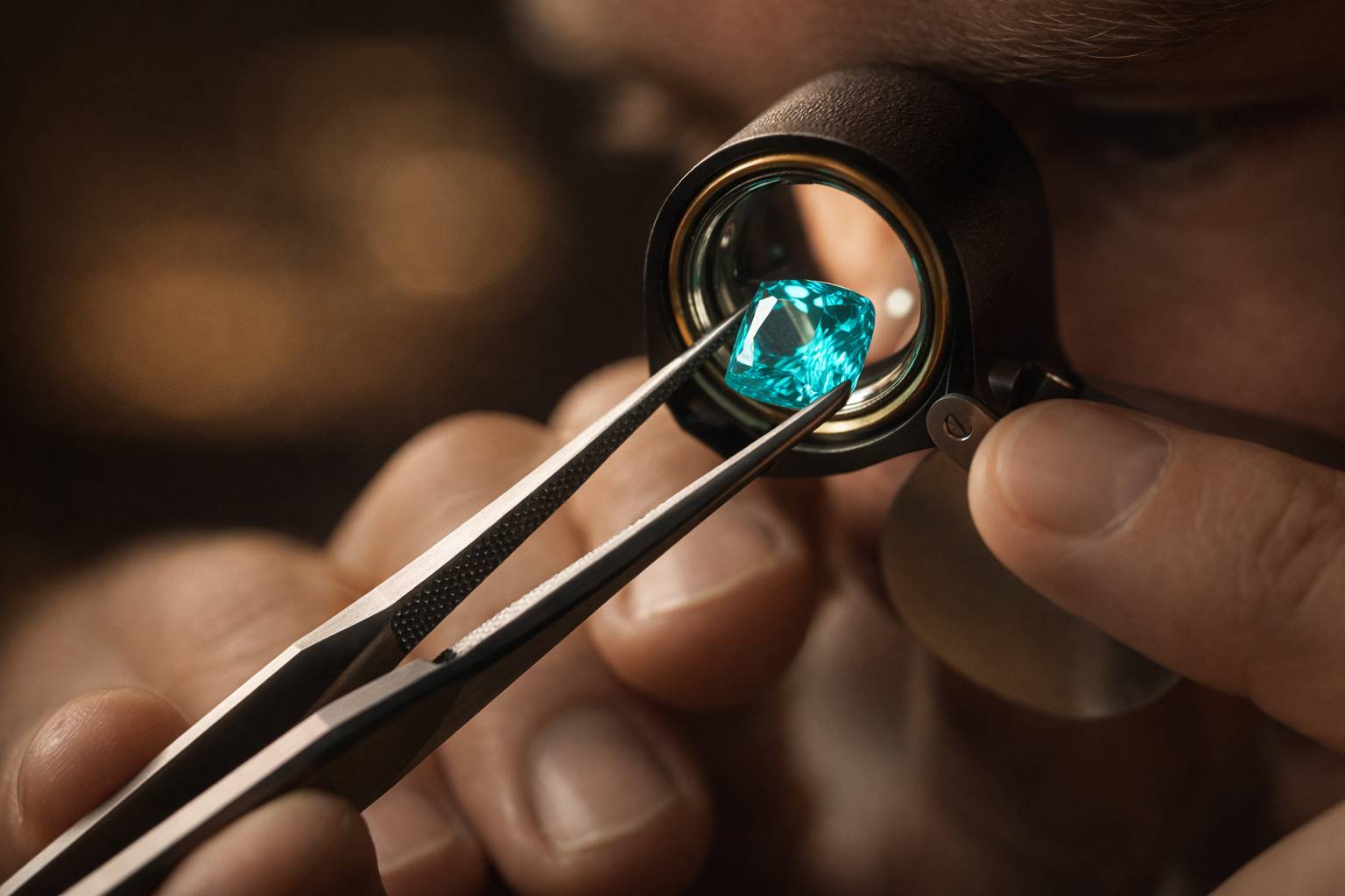 Gemologist examining Paraiba Tourmaline under magnification
