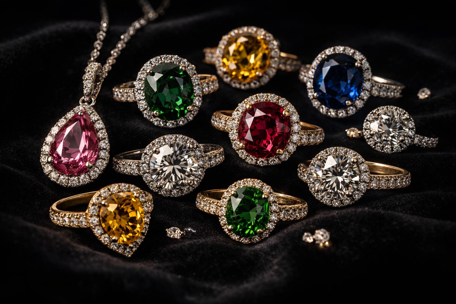 Colorful gemstones with symbolic meanings laid out