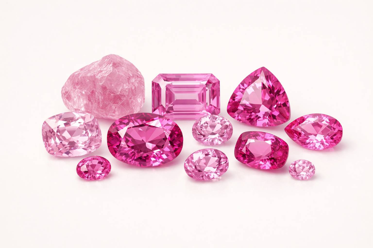 a collection of pink sapphires from different origins on a simple background