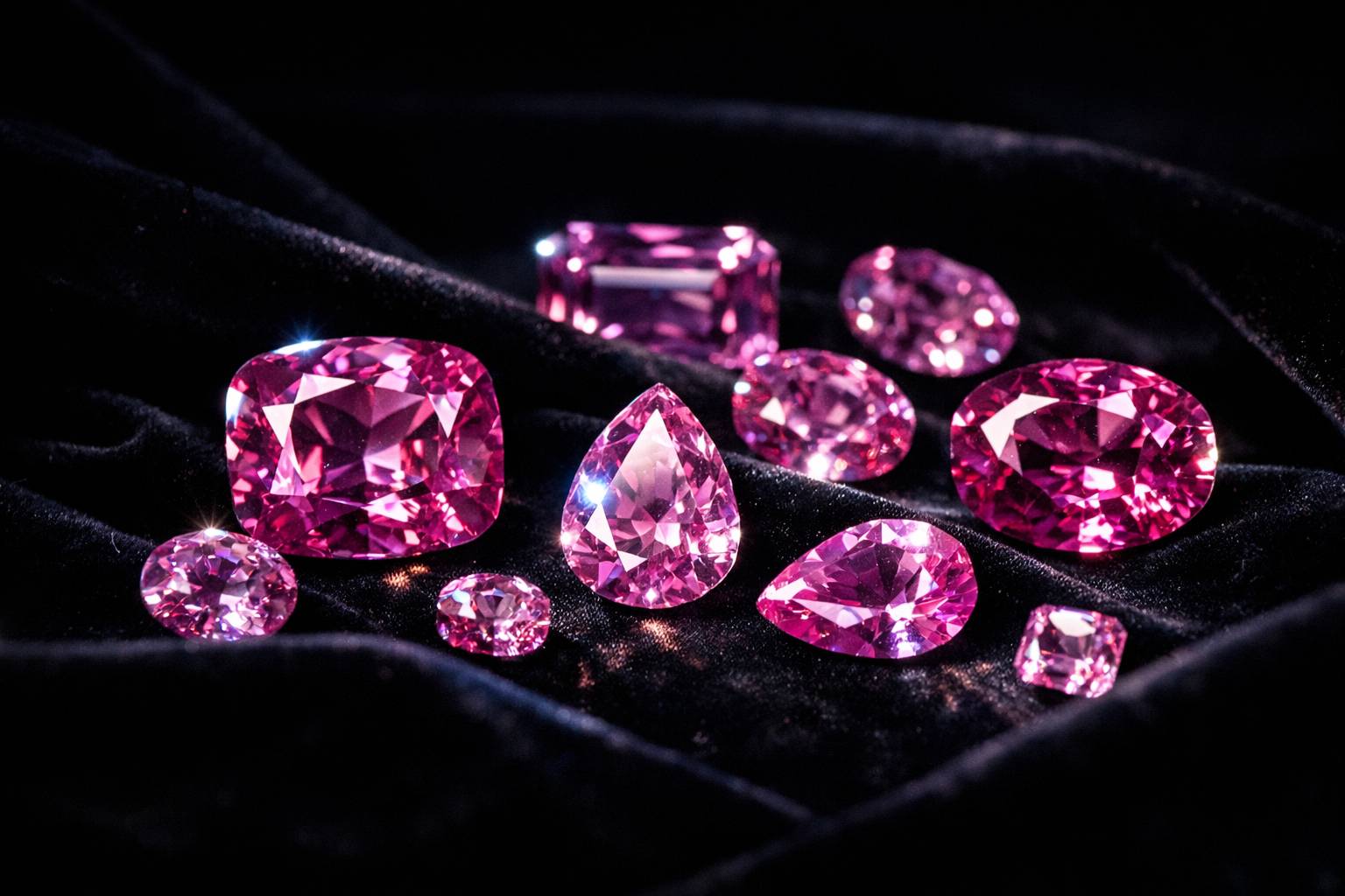 various pink sapphires displaying different colors and clarity on a neutral surface