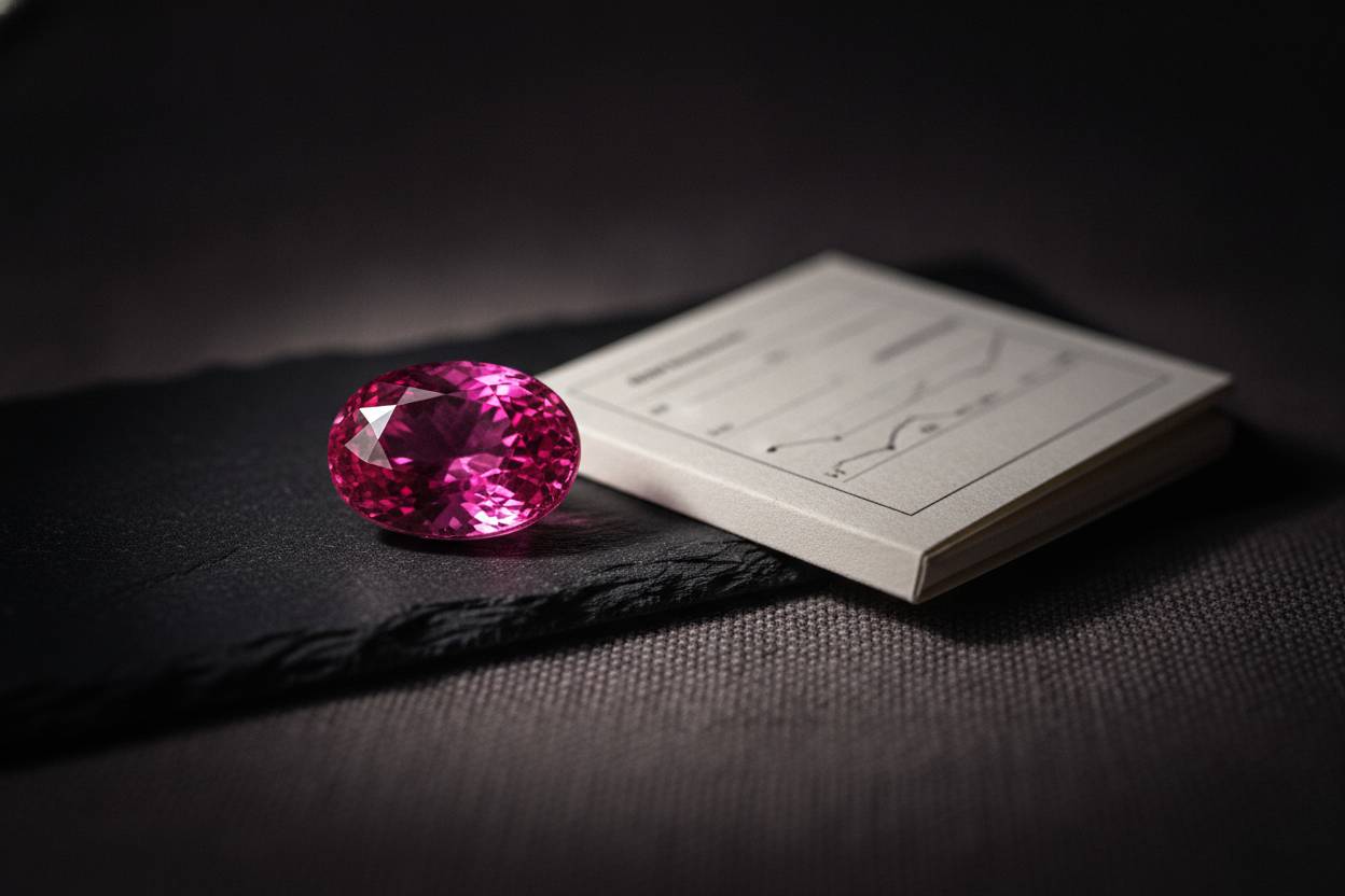 Cushion pink sapphire beside folded laboratory report on dark linen, soft directional light