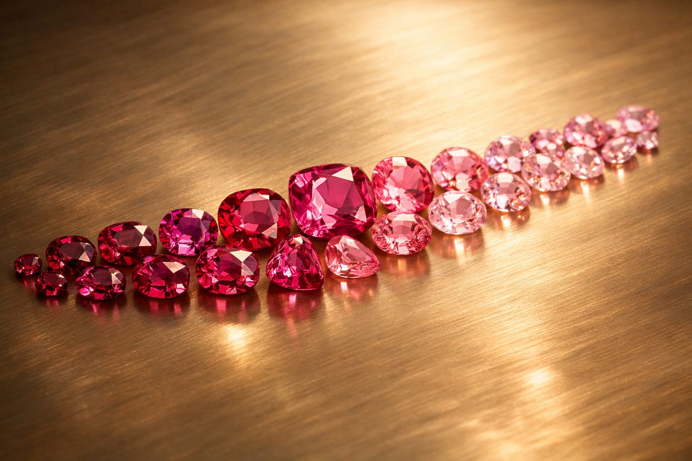 various shades of pink spinel gemstones arranged in a gradient on a neutral surface