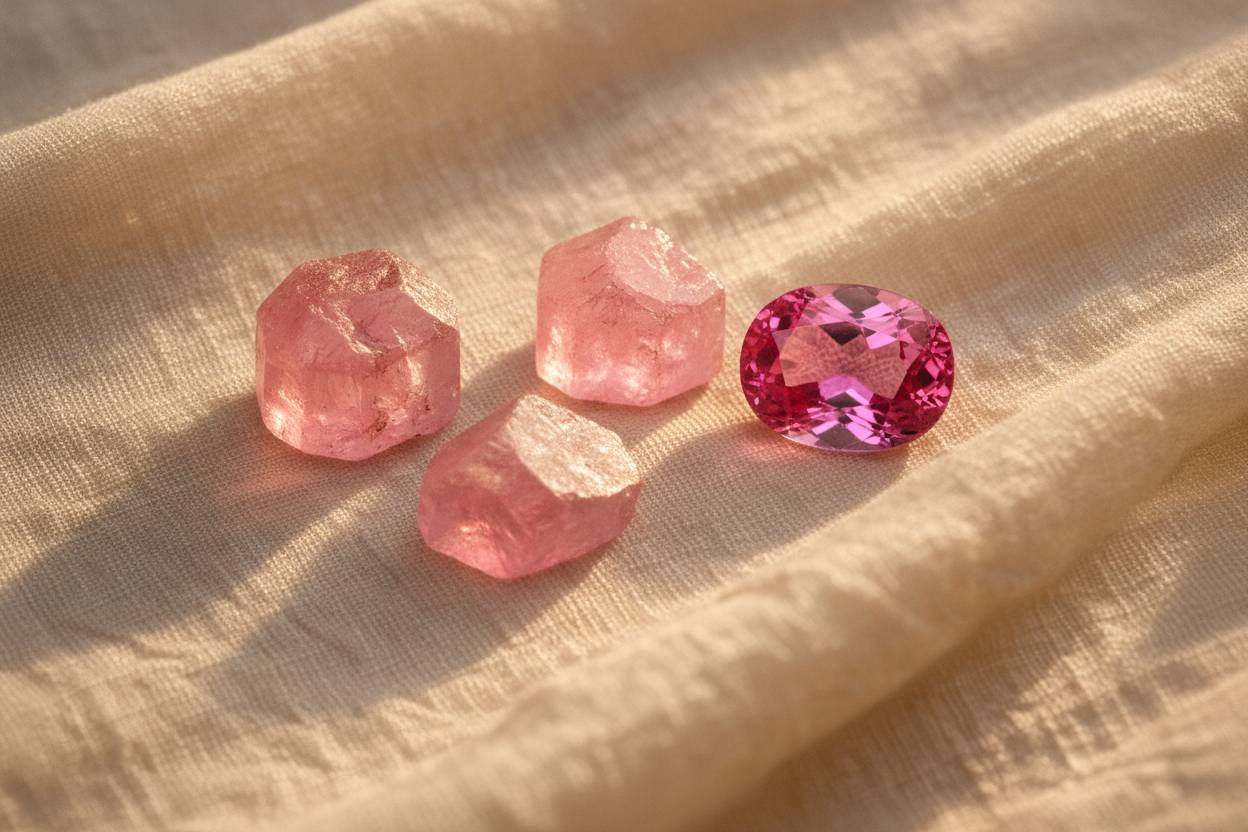 Rough octahedral pink spinel crystals beside a polished oval, neutral linen background