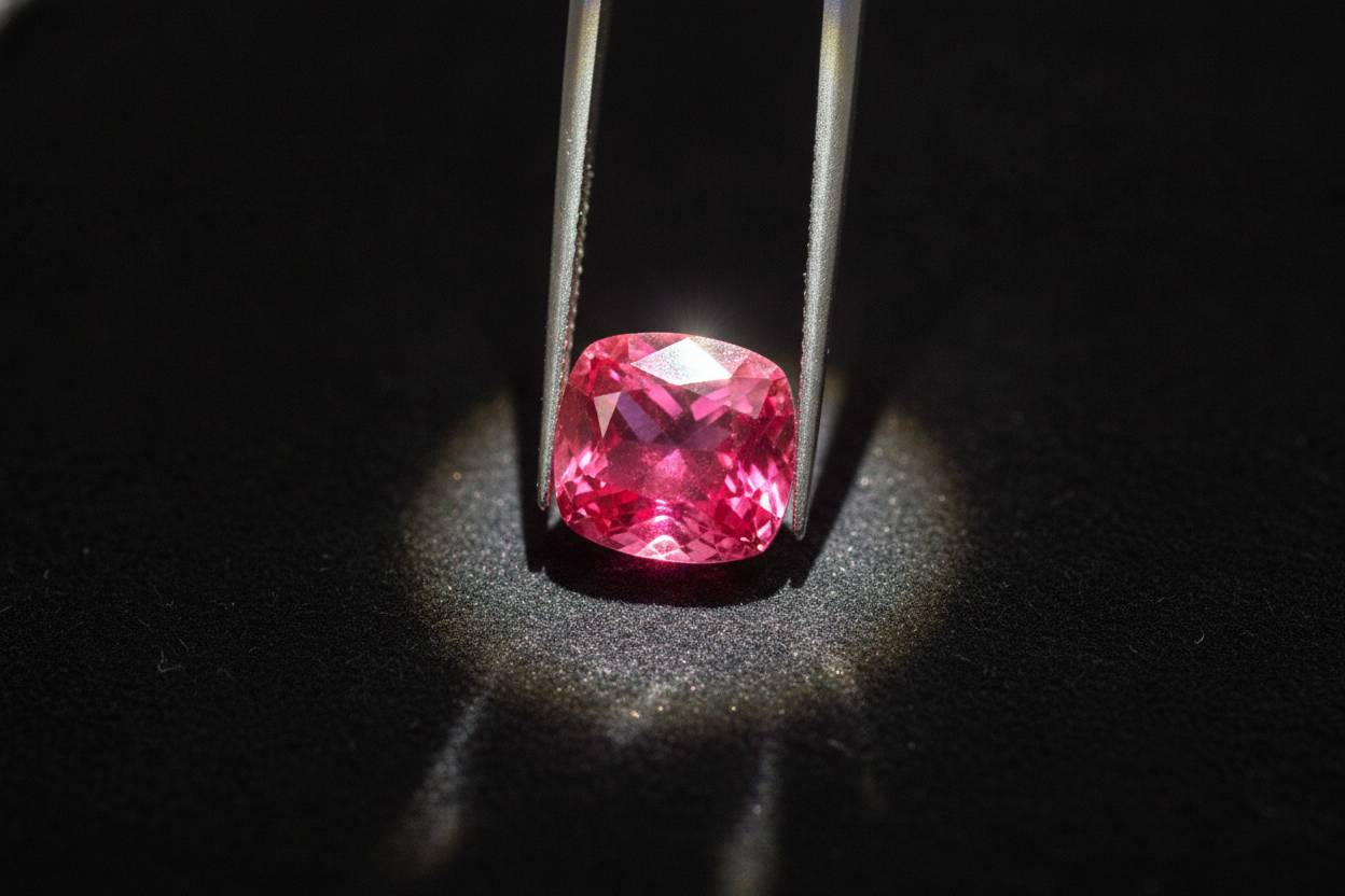 Pink spinel held in gemmological tweezers under microscope light, dark background, macro detail