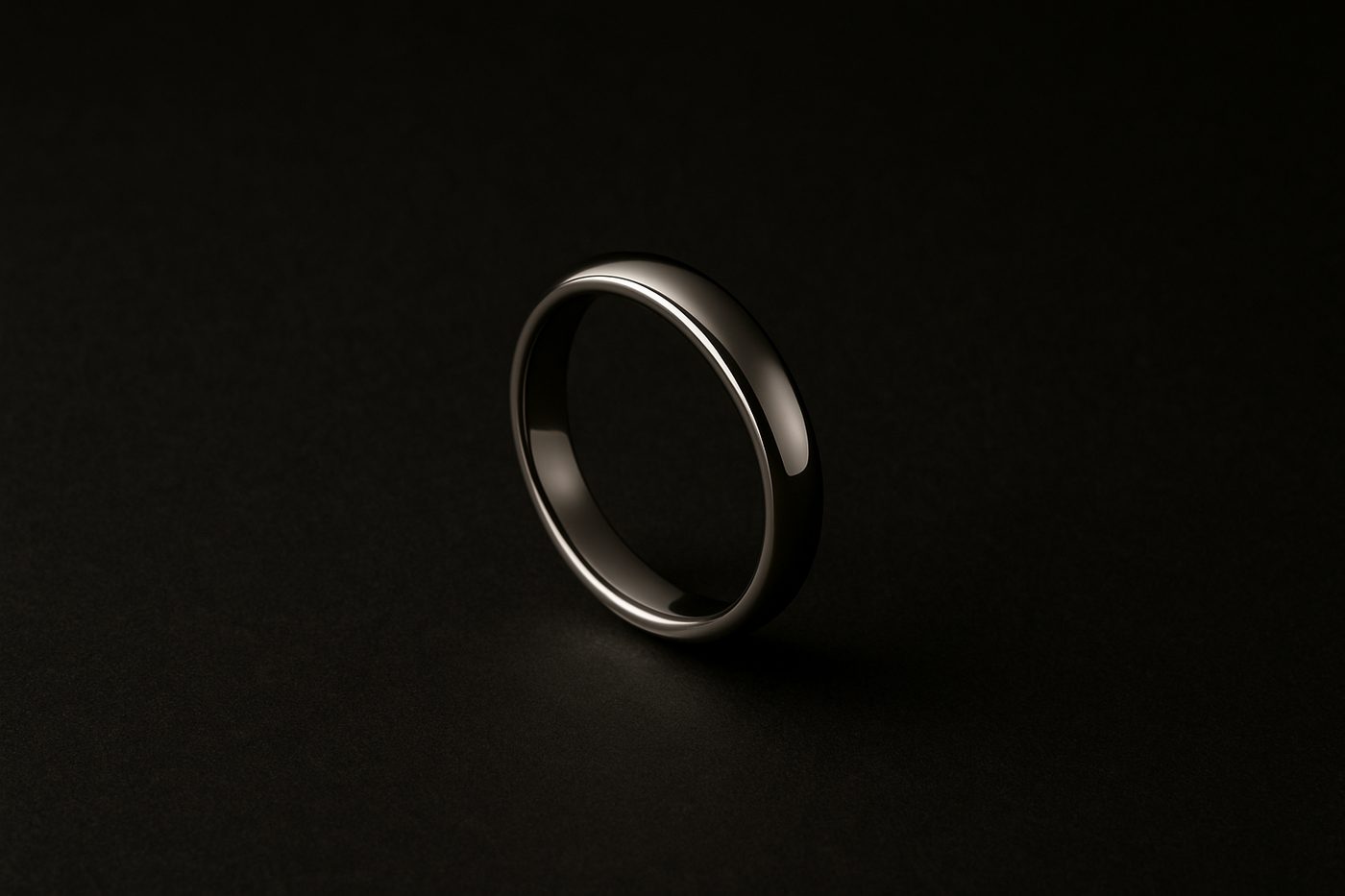 a polished platinum band resting on a smooth, dark surface