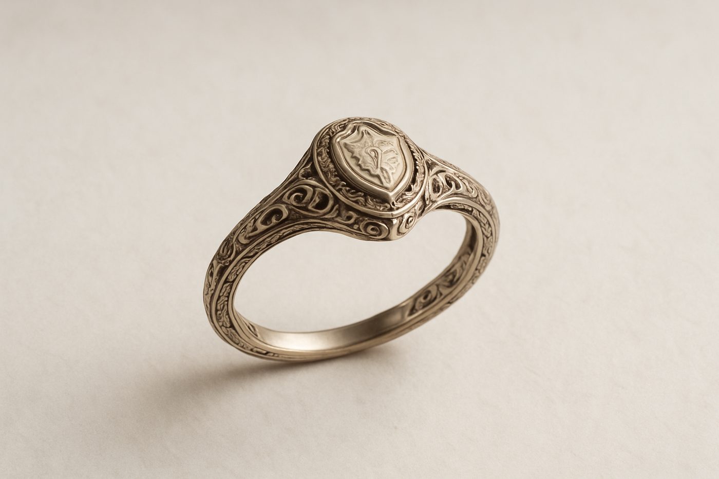 a white gold ring with intricate details on a light background