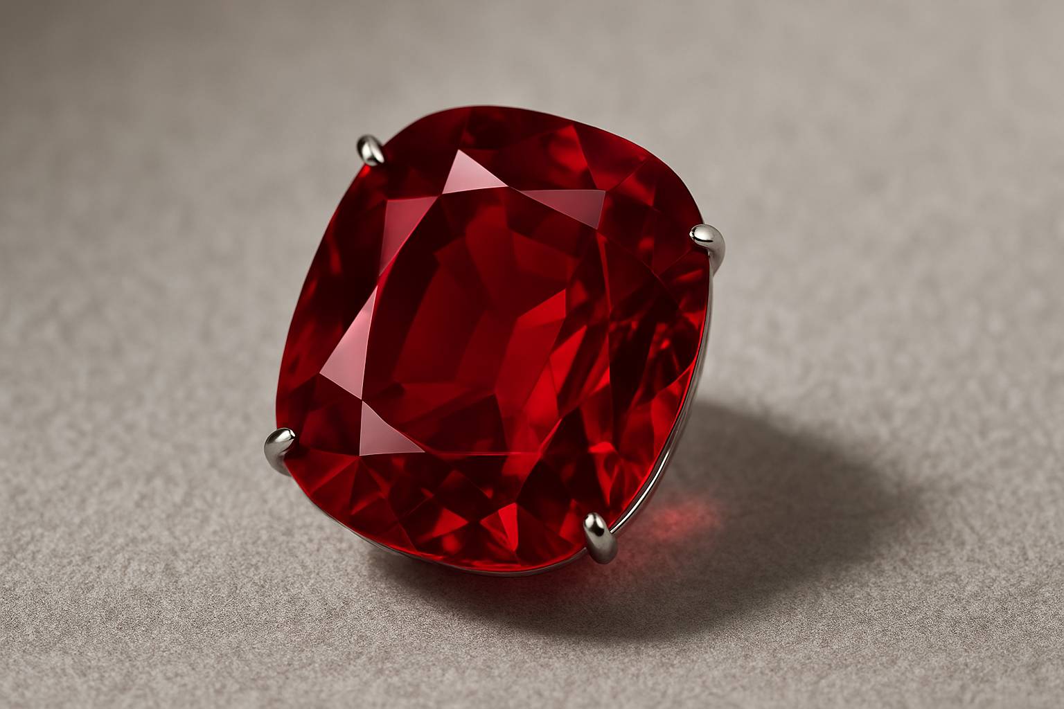 a close-up of a brilliant red ruby on a neutral backdrop, showcasing its facets