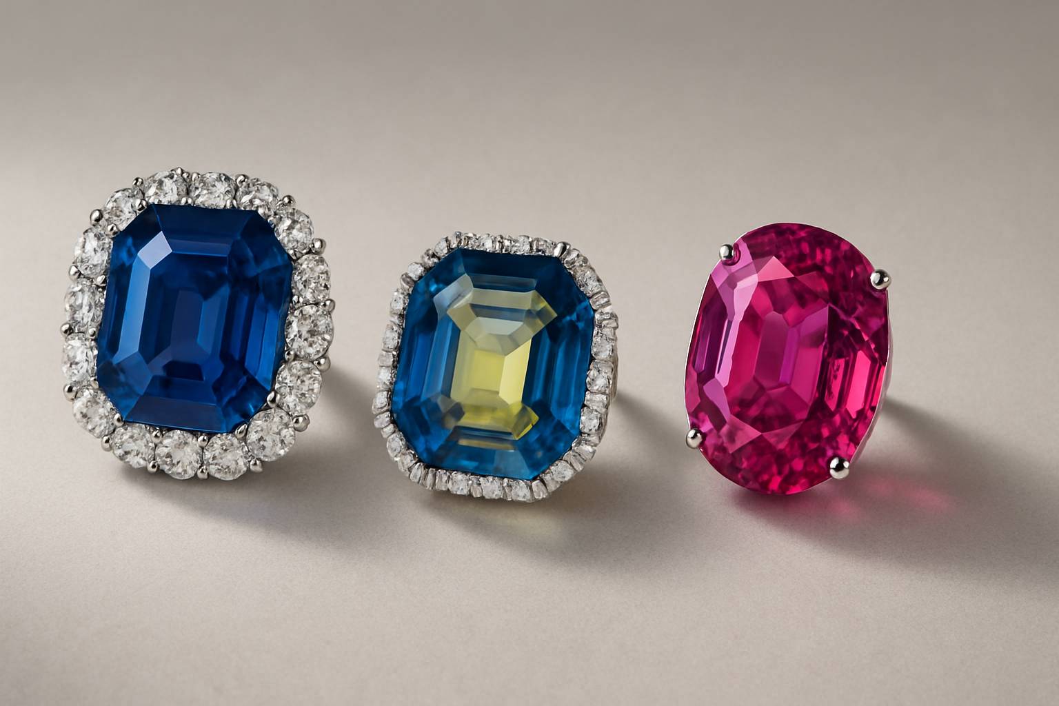 a selection of sapphires in various colors arranged elegantly on a smooth surface