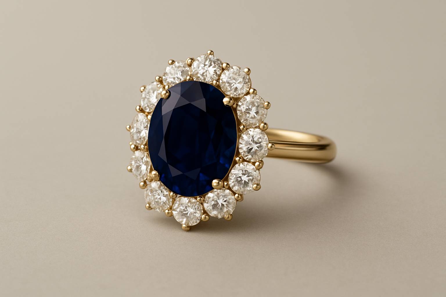 a detailed view of an exquisite oval blue sapphire engagement ring set against a neutral surface