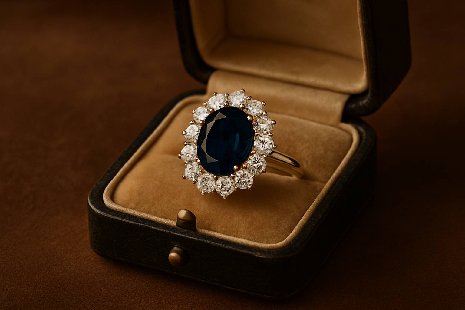 an elegant presentation of a royal-inspired engagement ring in a vintage box, symbolizing legacy