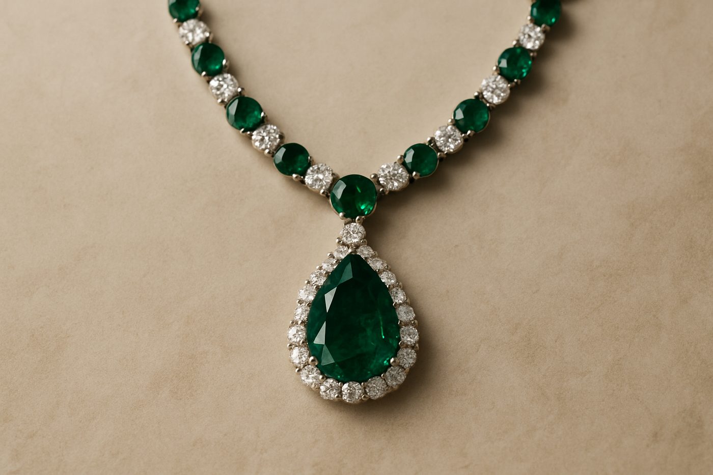 a close-up of an exquisite emerald statement necklace on a neutral background