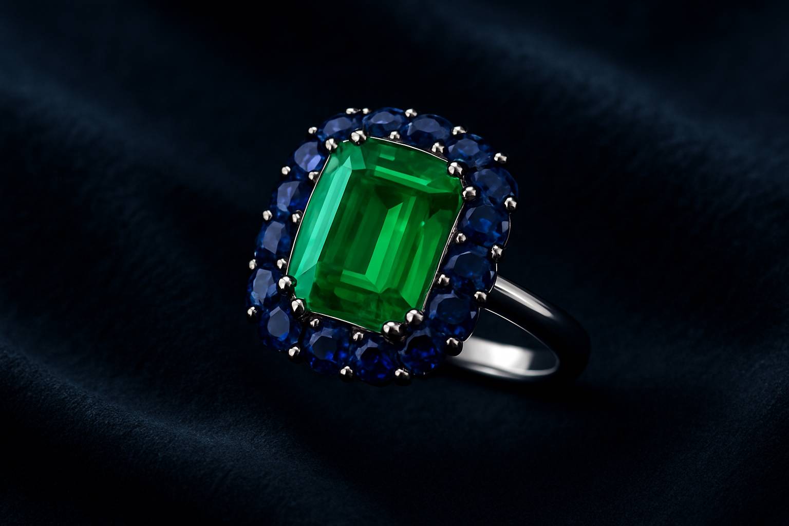 a close-up of a vibrant emerald and sapphire ring on a delicate fabric background