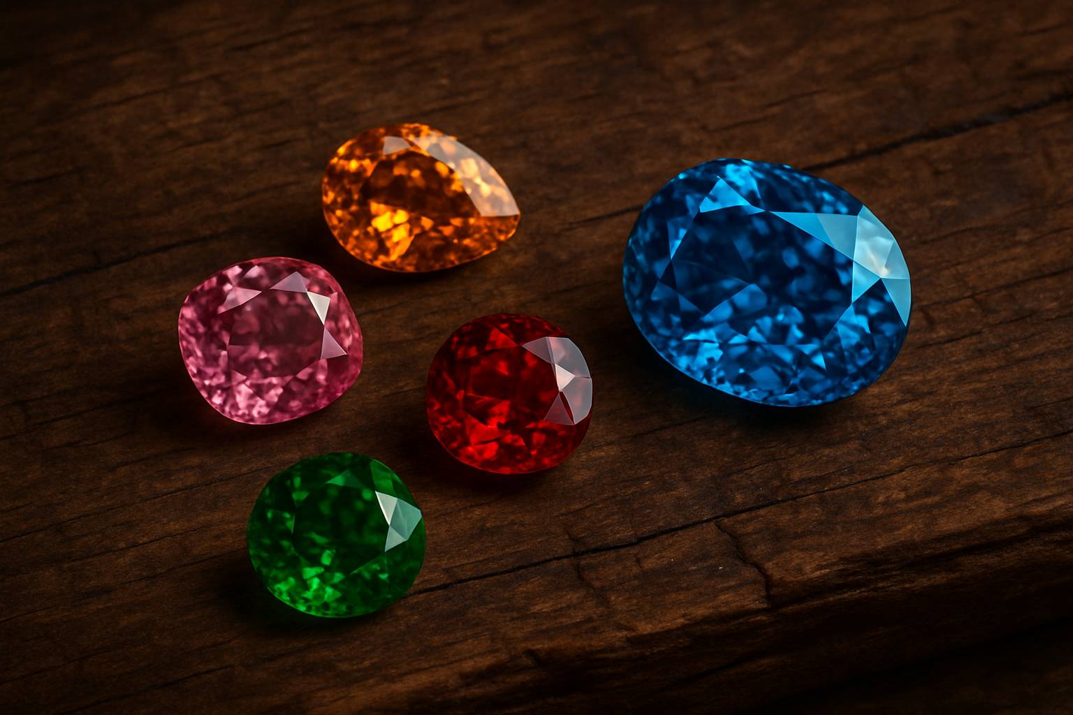 a selection of ethically sourced colored gemstones displayed on a rustic wooden surface