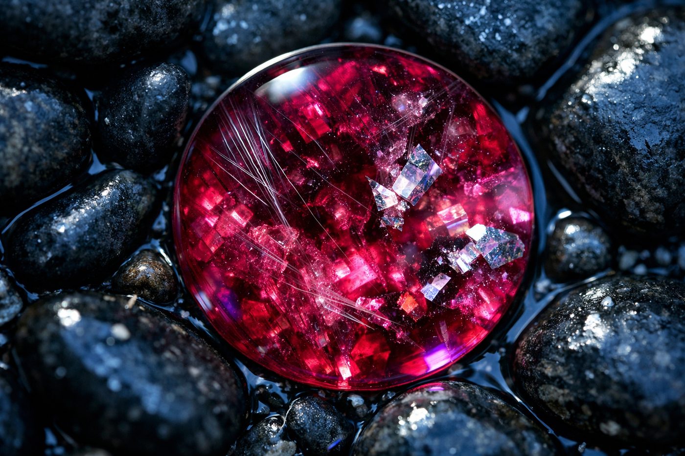 a detailed view of rubellite inclusions under a microscope, highlighting clarity characteristics