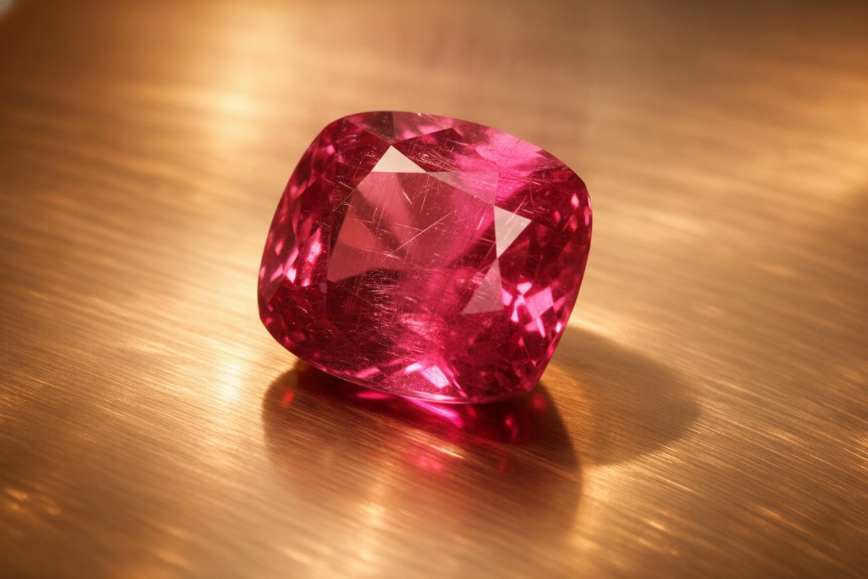Macro view of rubellite showing fine needle inclusions and faint colour zoning under magnification