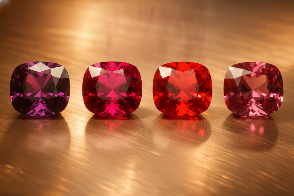 Four faceted red stones of differing hues arranged in a row for visual comparison
