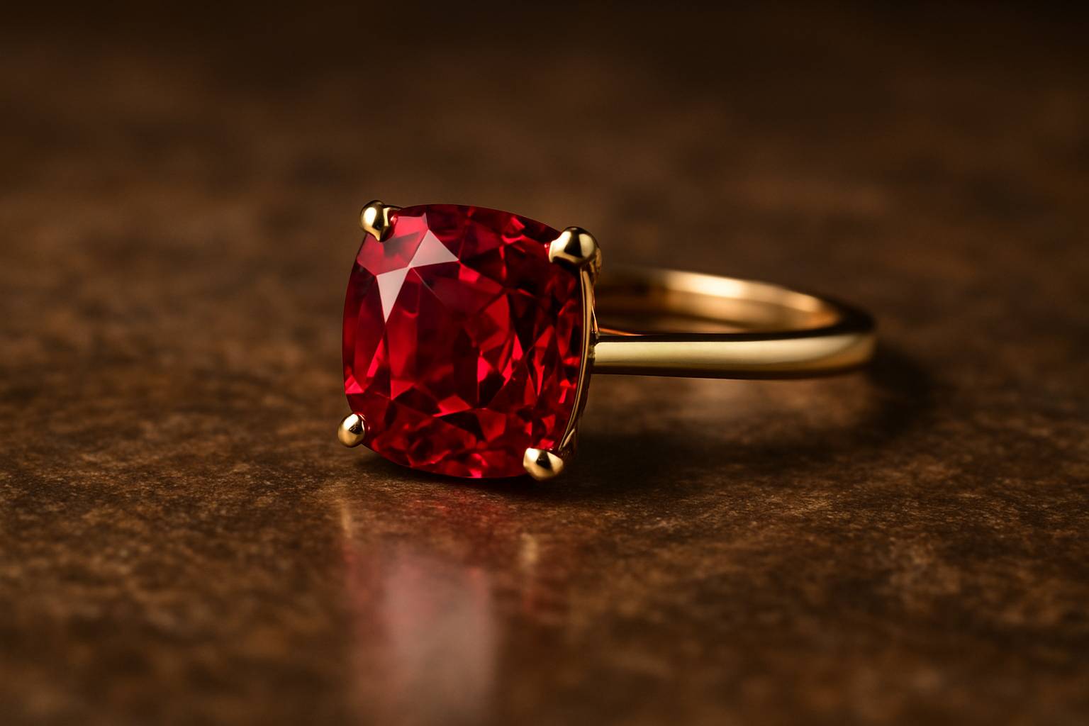 an elegant ruby ring displayed on a polished surface, highlighting its cut and setting