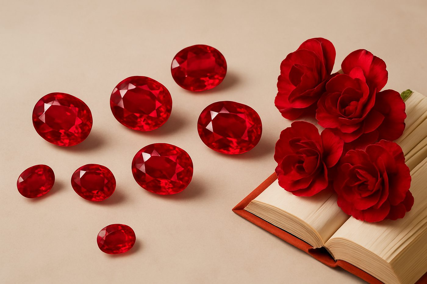 a selection of Pigeon’s Blood rubies displayed on a neutral surface, highlighting their color