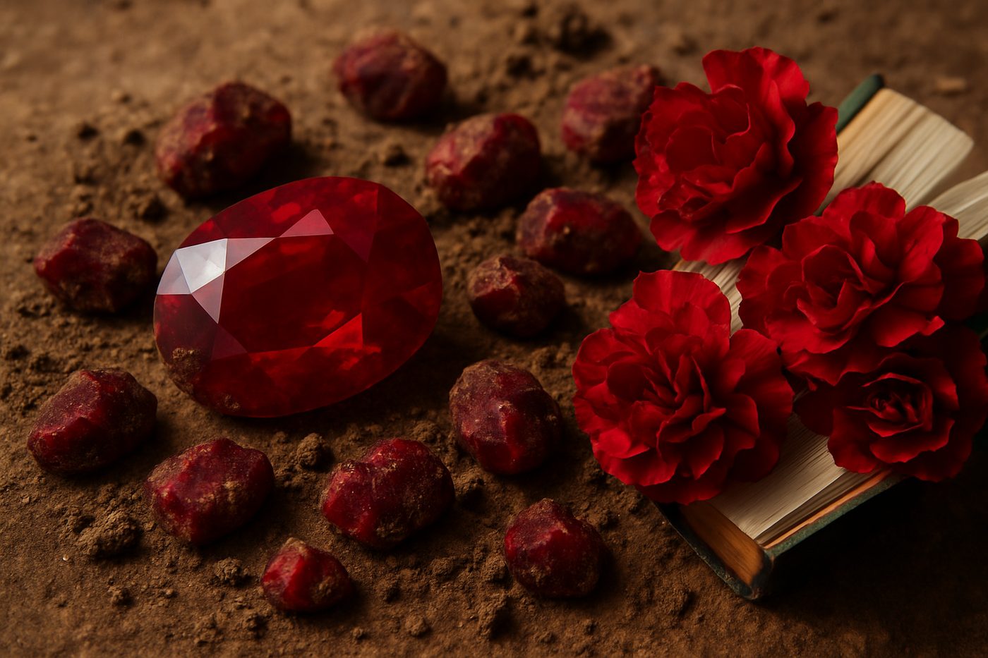 an assortment of freshly mined rubies with dirt still on them, on a natural surface