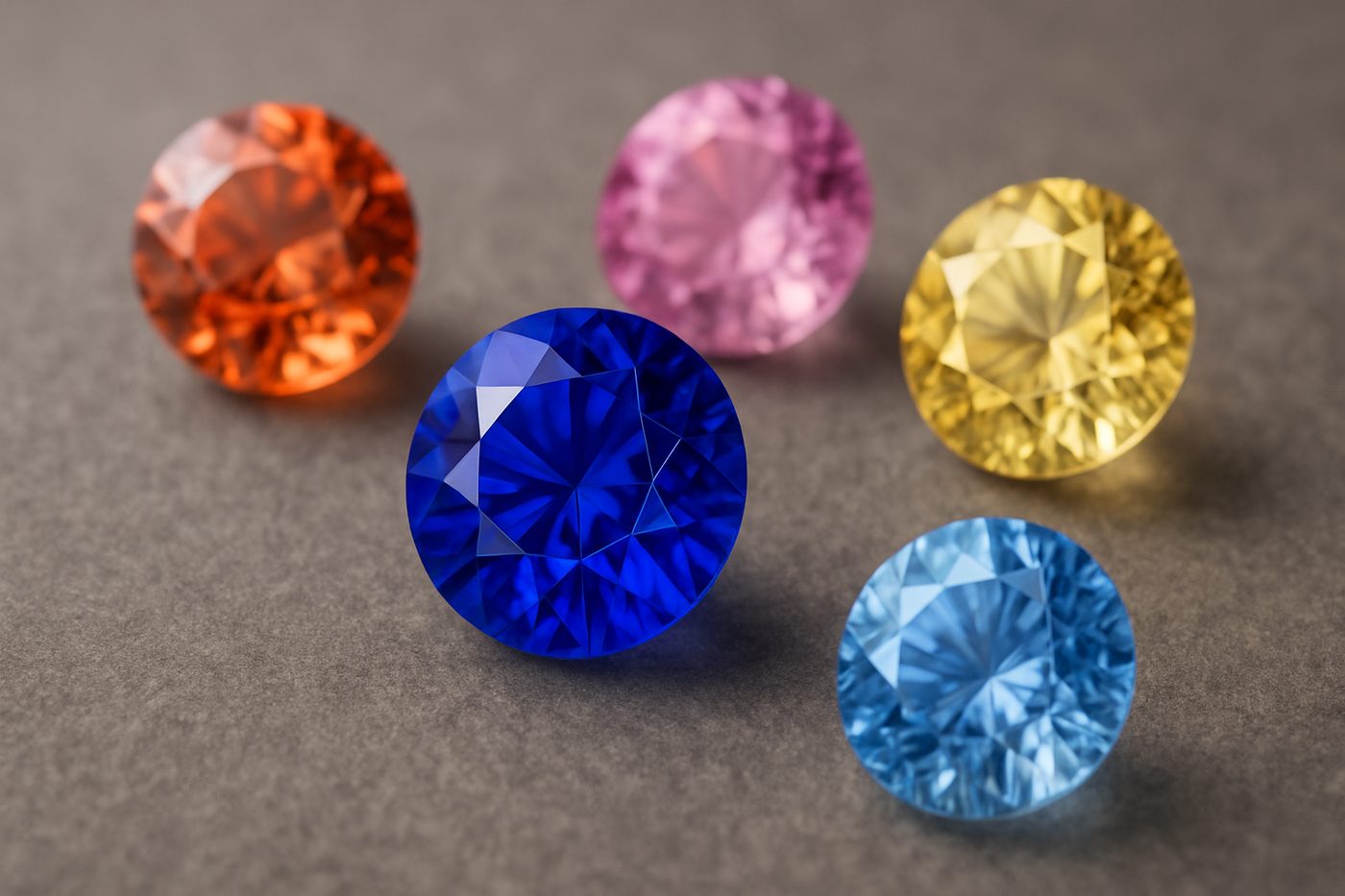 an array of sapphires in various colors displayed on a neutral surface