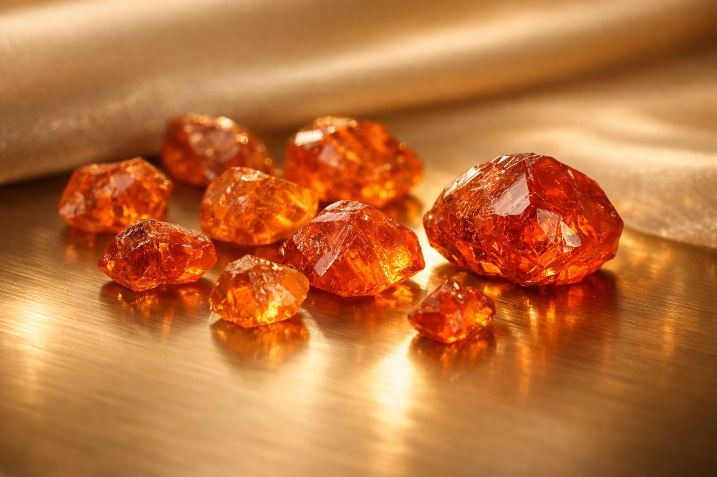 a close-up of raw spessartite garnet stones on a soft fabric background