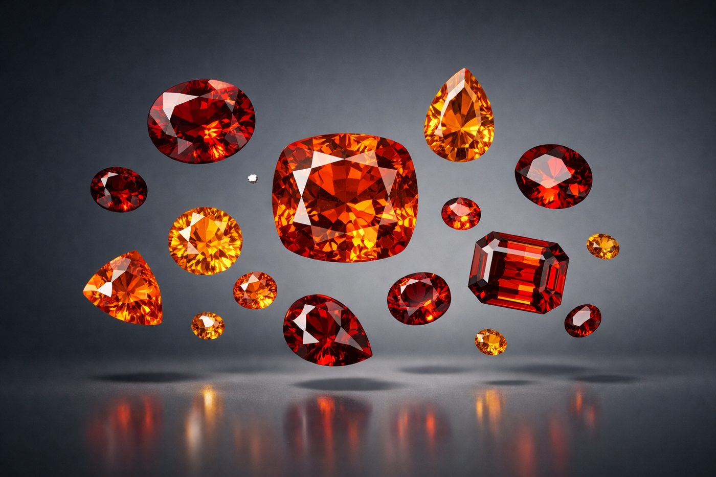 an array of spessartite garnets in various colors and sizes displayed on a neutral surface