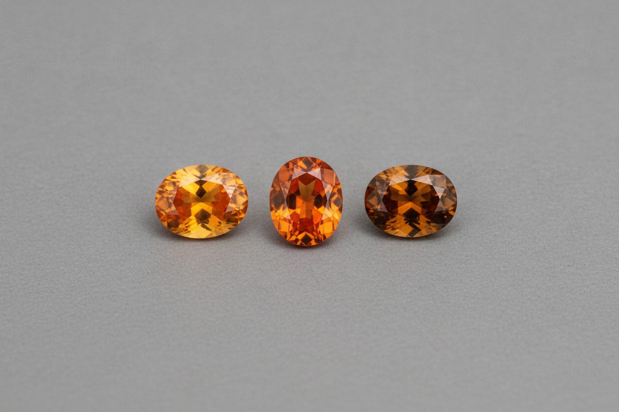 Three spessartite garnets showing vivid, medium and brownish orange side by side on grey card