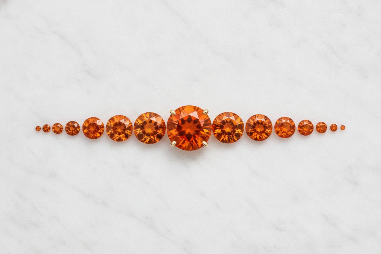 Graduated row of round spessartite garnets from melee to large centre stone, neutral background