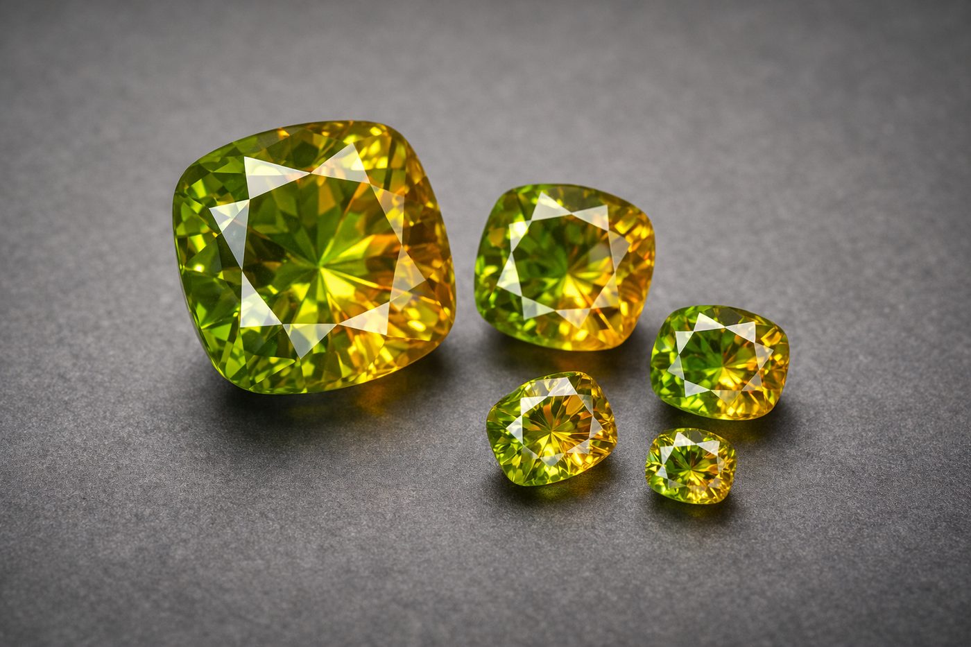 Various sizes of sphene gems displayed for comparison