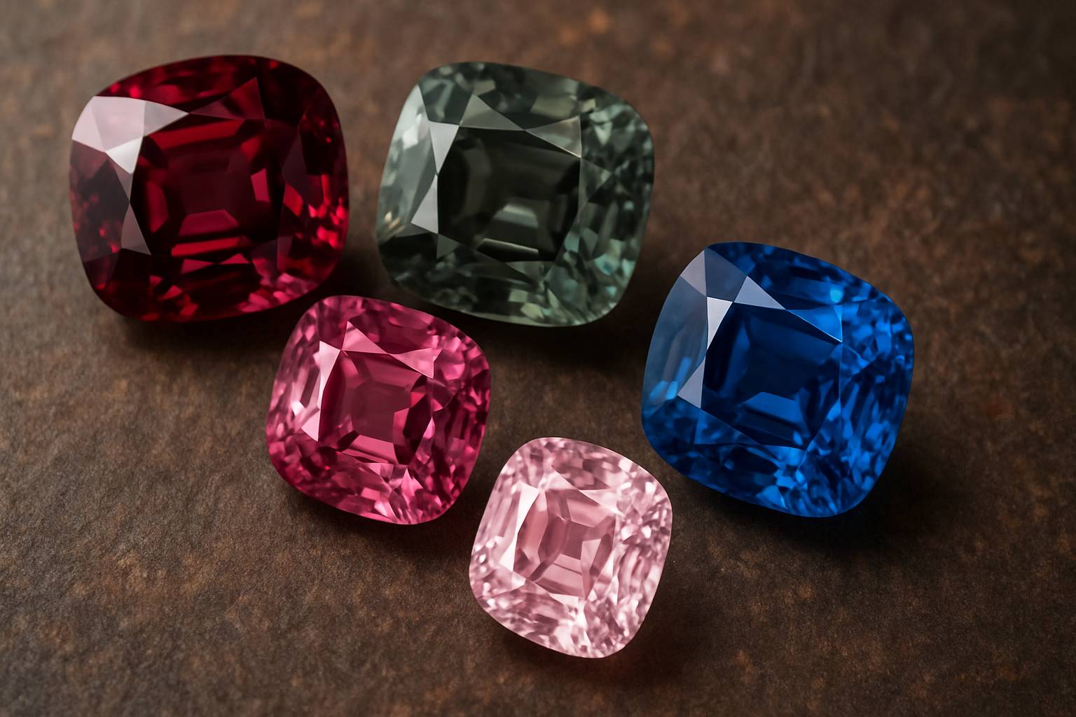 a close-up view of different colored spinel gemstones arranged artistically
