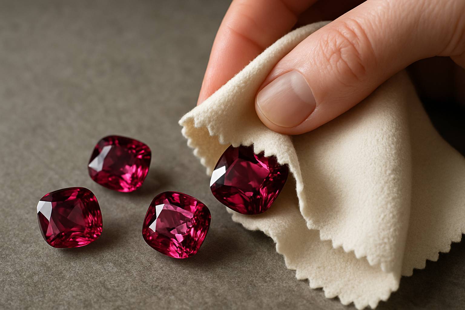 a soft cloth and a few spinel pieces being gently cleaned
