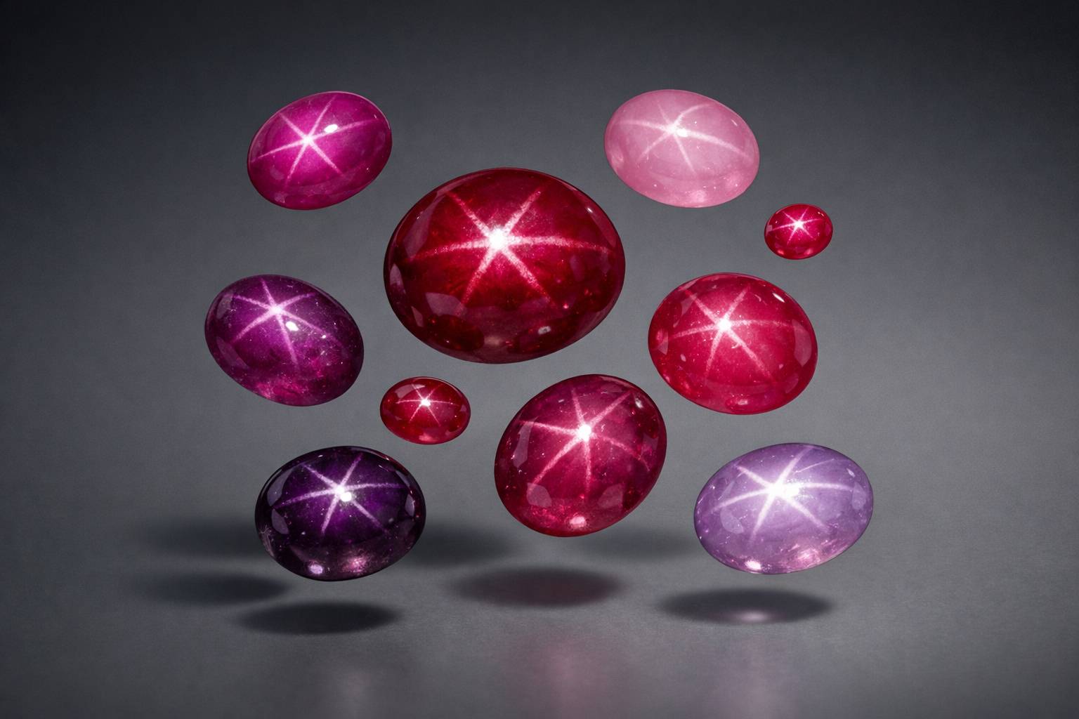 a selection of star rubies of varying colors and clarity on a neutral surface