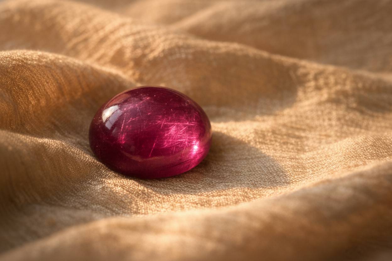 Macro of red corundum cabochon showing fine rutile silk needles under angled light