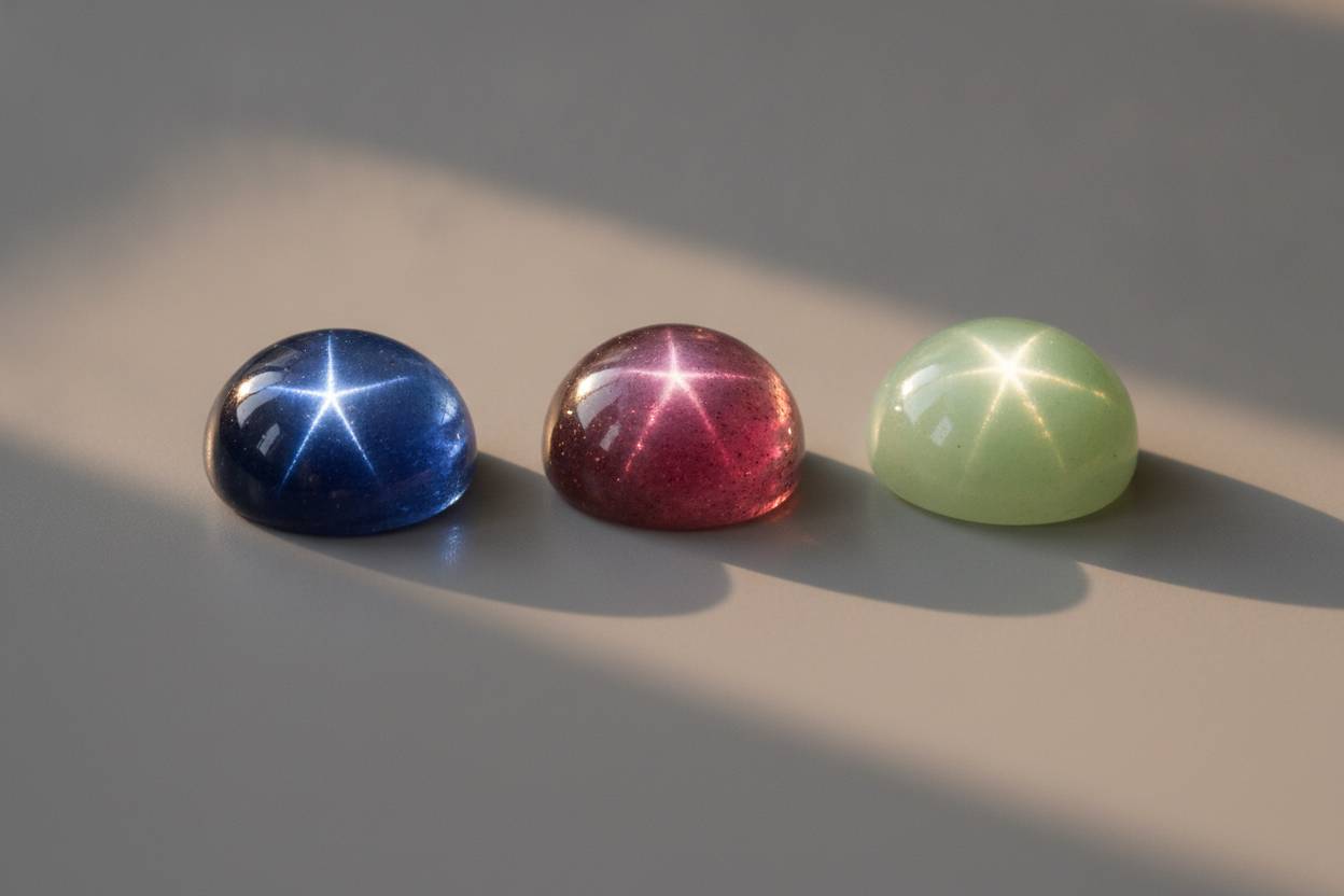 Three star cabochons side by side on grey background, differing ray sharpness and body colour